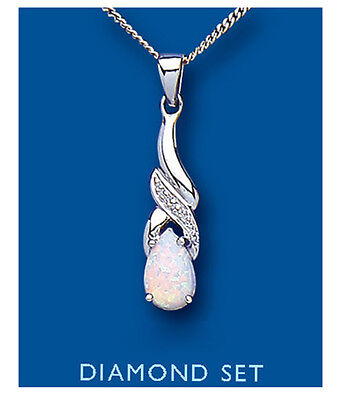 Opal and Diamond Pendant Sterling Silver 18" Chain 925 Hallmark British Made