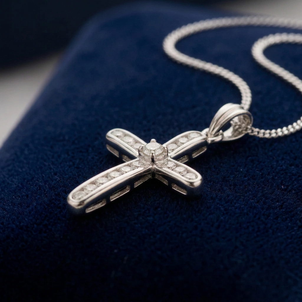 18ct White Gold Diamond Cross Pendant 18" / 45cm Chain