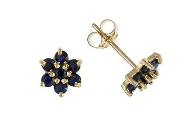 9ct Gold Sapphire Earrings Yellow Gold Cluster September Birthstone Hallmark