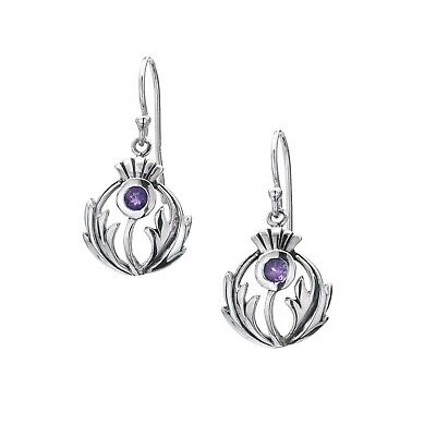 Amethyst Scottish Thistle Drop Earrings Solid Sterling Silver Drops 925 Stamp