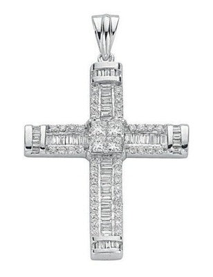 Real Diamond Cross Pendant 18ct White Gold 18" Chain Baguette Princess Round Cut