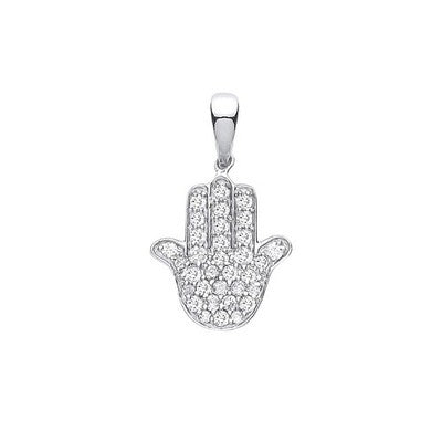Diamond Hamsa Hand Pendant Necklace 9ct White Gold 18" Chain Real Diamonds