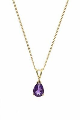 Real Amethyst Teardrop Pendant & Earring Set in Solid Yellow Gold 18" Chain