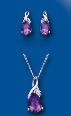 Real Amethyst and Diamond Pendant and Matching Earrings Set Sterling Silver 925