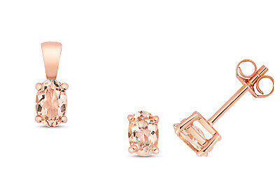 Morganite Pendant and Earrings Set Oval Solitaire Solid Rose Gold Hallmarked