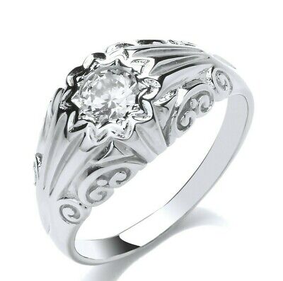 Sterling Silver Gents Gypsy Ring Solitaire Engraved Detail Hallmarked Size T - Y