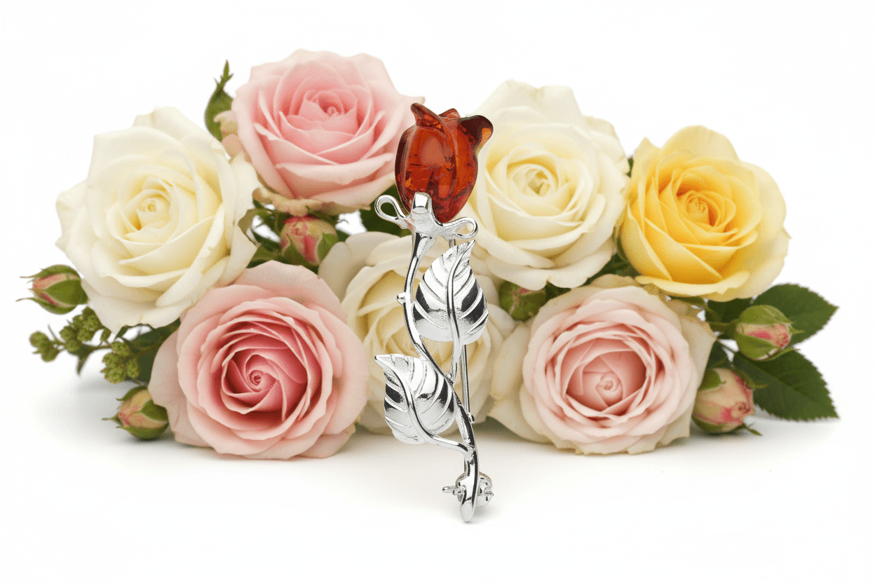 Amber Rose Brooch Solid Sterling Silver Pin 925 Hallmark