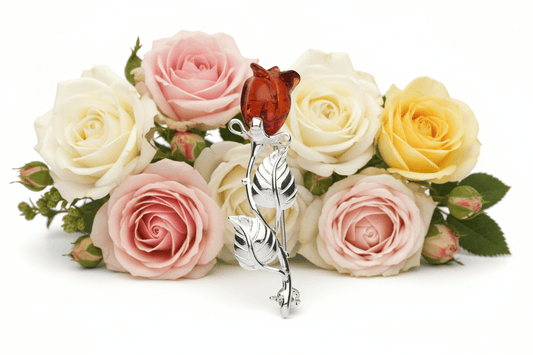 Amber Rose Brooch Solid Sterling Silver Pin 925 Hallmark