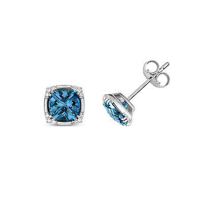 London Blue Topaz & Diamond Square Cushion Stud Earrings 9ct White Gold Studs