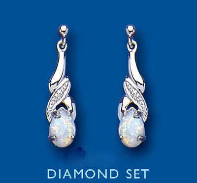 Opal and Diamond Earrings Sterling Silver Drop Natural Stone Hallmark British