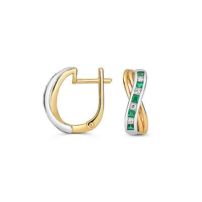 Emerald & Diamond Leverback Earrings Yellow & White Gold Drop Earrings