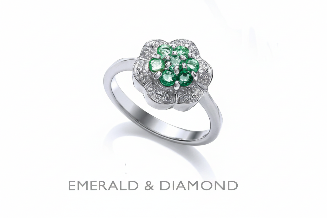 Emerald and Diamond Ring Engagement Ring Sterling Silver Platinum Plated Ring