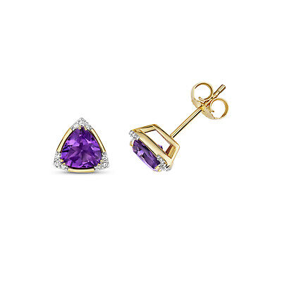 Amethyst & Diamond Trillion Stud Earrings 9ct Yellow Gold Studs