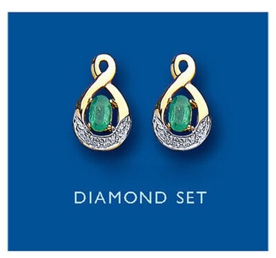 Emerald and Diamond Earrings Yellow Gold Twist Stud Hallmarked Natural Stones