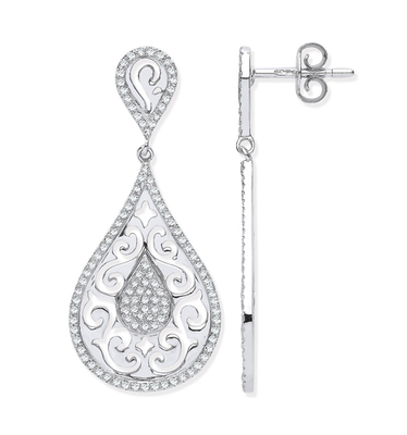 White Gold Diamond Open Filigree Teardrop Dangle Drop Stud Earrings