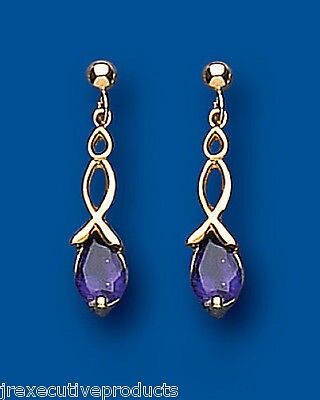 9ct Yellow Gold Amethyst Drop Earrings Twist Drops Hallmark February Birthstone