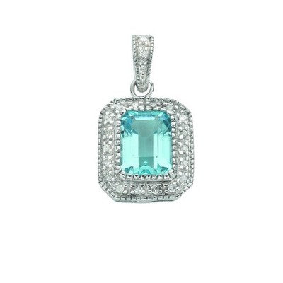 Blue Topaz Emerald Cut Halo Pendant With Real Diamonds White Gold 18" Chain