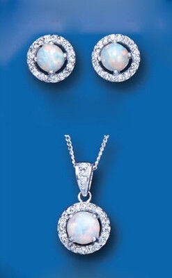 Opal Halo Matching Pendant and Earrings Set Solid Sterling Silver 925