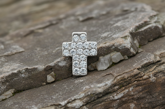 Mens Cross Earring Crystal Stud Solid Yellow Gold