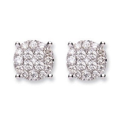 1 Carat Diamond Cluster Earrings 18ct White Gold 9mm Width Real Mined Diamonds