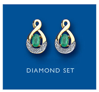 Emerald and Diamond Earrings Yellow Gold Twist Stud Hallmarked Natural Stones