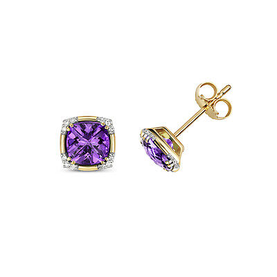 Amethyst & Diamond Cushion Square  Stud Earrings 9ct Yellow Gold Studs