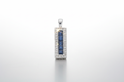 Elegant Blue Sapphire Rectangle Pendant With Real Diamonds White Gold 18" Chain