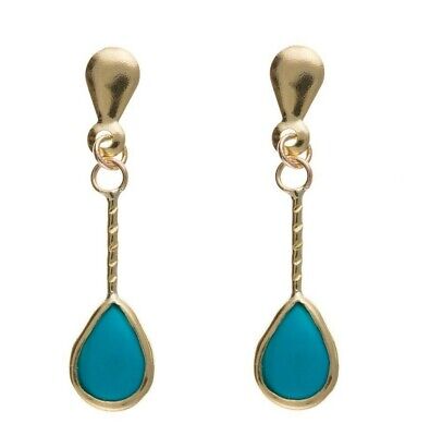 9ct Yellow Gold Turquoise Drop Earrings Stick Drops Hallmark December Birthstone