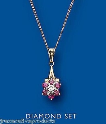 Ruby and Diamond Pendant Yellow Gold Cluster Necklace Hallmarked Natural Stones