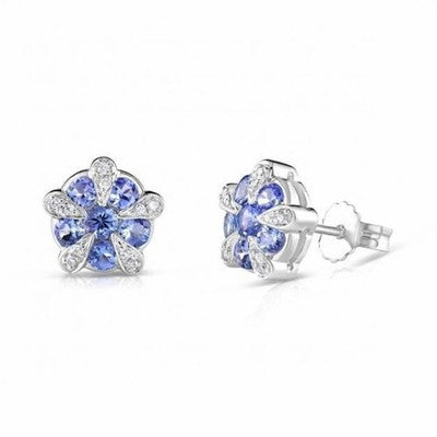 Tanzanite and Diamond Earrings 9ct White Gold Flower Studs Mined Precious Stones