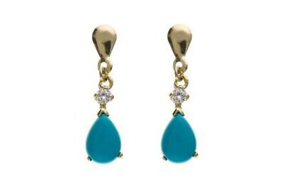 9ct Gold Genuine Turquoise Teardrop Drop Earrings With Diamond 21mm Drop