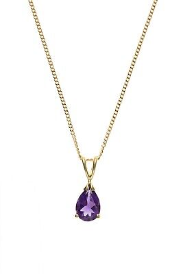 Yellow Gold Amethyst Pendant Pear Solitaire 18" Chain Hallmarked British Made