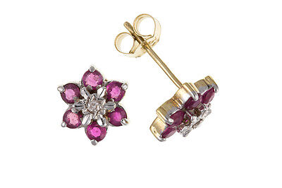 Ruby and Diamond Earrings Cluster Stud Yellow Gold Hallmarked Natural Stones
