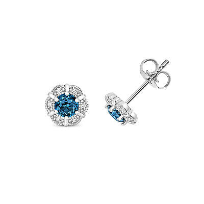 London Blue Topaz & Diamond Flower Cluster Stud Earrings 9ct White Gold Studs