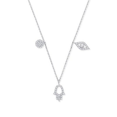 Hamsa Hand Evil Eye Diamond Necklace 9ct White Gold 18" Women's Jewellery