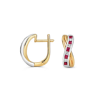 Ruby and Diamond Leverback Earrings Yellow & White Gold Drop Hoop Earrings