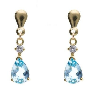 Blue Topaz and Diamond Earrings Yellow Gold Drops Pear Drop Hallmarked