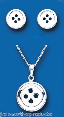 Button Pendant and Earrings Matching Set Solid Sterling Silver 925 18" Chain