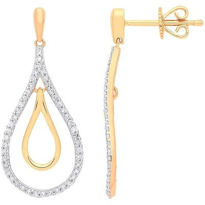 Yellow Gold Diamond Open Teardrop Earrings Double Frame Drop Dangle 27mm