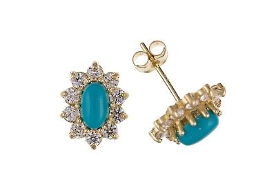 9ct Gold Turquoise Cluster Earrings Oval Studs December Birthstone Hallmarked