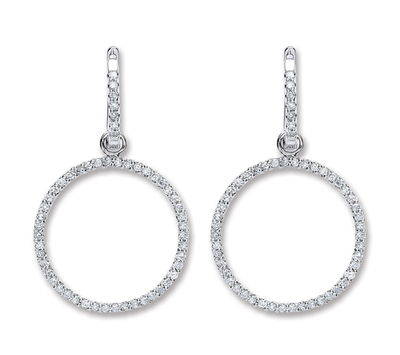 18K White Gold Diamond Pave Circle Drop Hoop Earrings 32mm Dangle Luxury