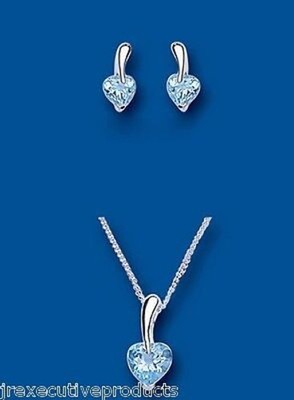 Real Blue Topaz Heart Matching Set Pendant and Earrings Solid Sterling Silver