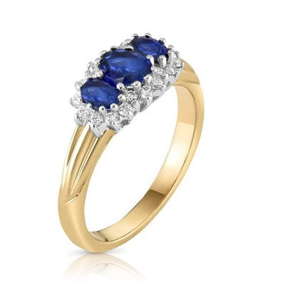 Sapphire and Diamond Trilogy Ring 9ct Yellow Gold Three Stone Engagement