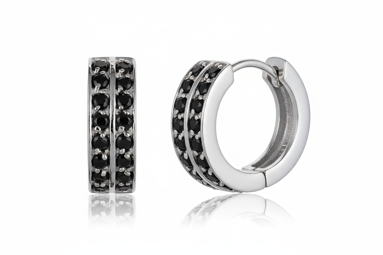 Mens Silver Huggie Earring Black Gemstone Bling 925 hallmark