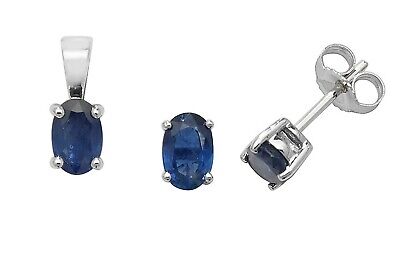 Sapphire Pendant and Earrings Set Oval Solitaire 9ct White Gold Hallmarked