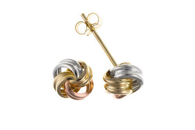 Three Colour Gold Knot Earrings Knot Stud 5mm Studs Rose White & Yellow Gold