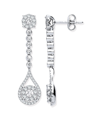 Diamond Cluster Drop Earrings 18ct White Gold Teardrop Dangle Halo Pierced