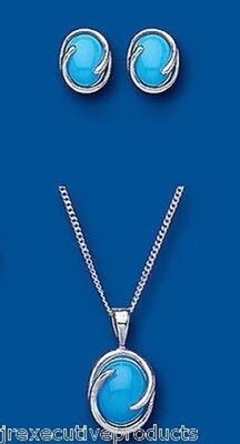 Real Turquoise Matching Set Solid Sterling Silver Pendant and Earrings 18"