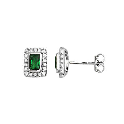 Emerald Cluster Halo Earrings Sterling Silver Stud British Made 925 Hallmark