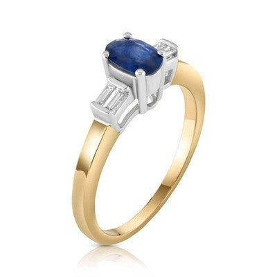 Sapphire and Baguette Diamond Ring 9ct Yellow Gold Oval Solitaire Hallmarked